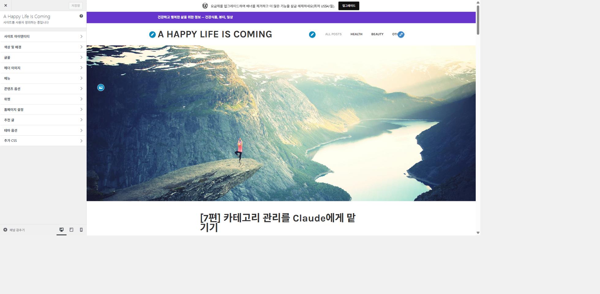 워드프레스 커스터마이저 화면